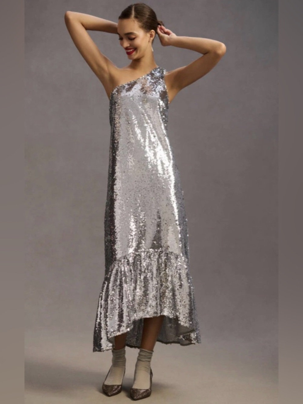 Maeve by Anthropologie One-Shoulder Sequin Midi Dress – Silver (Size M Petite)